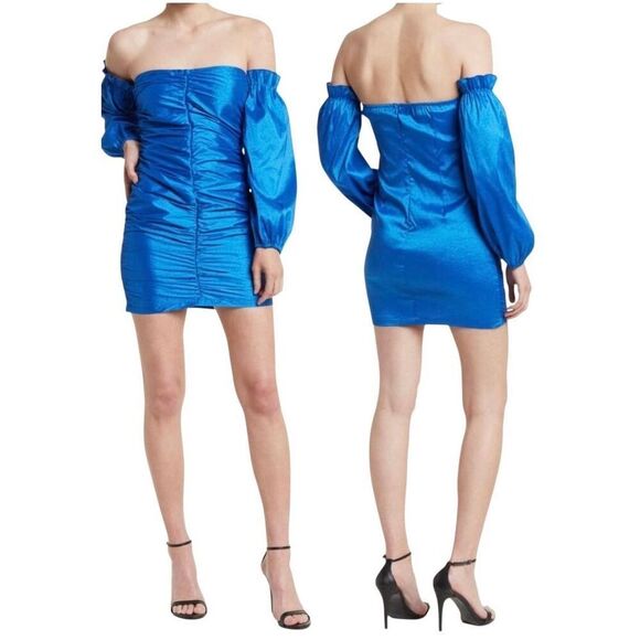 Area Stars Taffeta Ruched Off The Shoulder Long Sleeve Mini Dress Blue Size M - Picture 12 of 12